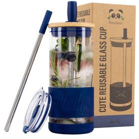 Pandaloo 197644328741 Glass Cups With Lids And Straws -20 Fl Oz- 20 Ounces Galactic Blue
