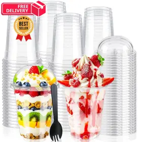 Paradi Star 766757182863 100pcs 12oz Plastic Dessert Cups With Dome Lids And Clear
