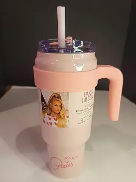 Paris Hilton 741393005806 Insulated Pink Iridescent Tumbler Lid And Straw Hold 40 Oz. New