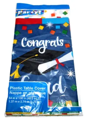 Party 639277077684 Inch Congrats Grad Blue/multicolor Confetti Plastic Table Cover 54 X 108 In