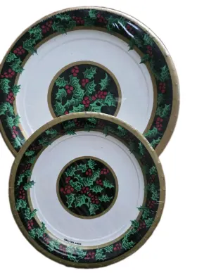 92352213764 Party Creations Vtg 16-count Holiday 6 7/8 Inch X 8 3/4 Paper Plates Christmas Holly Nos