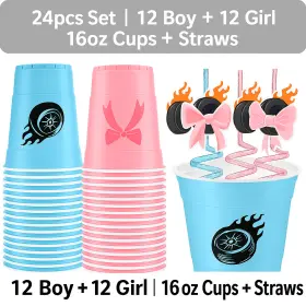 Eb3104bb Party 24 Pcs Set Burnouts Or Bows Gender Reveal Plastic Cups 16oz With Straws Baby Shower