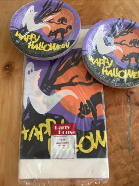 Party House 047415010507 Vtg 1983 Halloween Paper Table Cover By Kara 54 Inch X 96 And 32 Plates