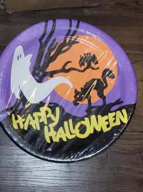 Party House 047415105104 Vtg 1991 Happy Halloween 10.5 Inch Dinner Plates 8-pack W Ghost Cat Tree Owl Nos New