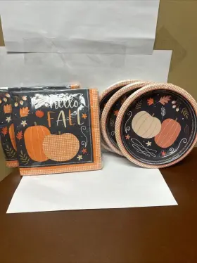 Party Impressions 192937261514 Inch Hello Fall Dessert Paper Plates 24 And Napkins 32 Pumpkins Autumn Halloween