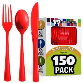 Party Solids 743795011928 Red Plastic Silverware Heavy Duty 150 Pcs Cutlery Sets Utensil S