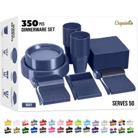 Party Solids 810144490014 350 Pcs Navy Plastic Plates For Disposable Set 50 Of Each