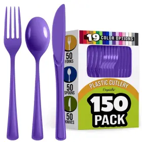 Fv8-yu01 Party Solids Sponsored Ad - 150 Pack Purple Plastic Cutlery Set Silverware Heavy D