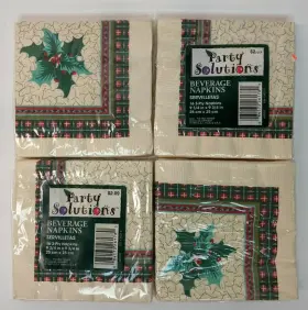 Party Solutions 084172261780 Four Packs 16 Vtg Christmas Paper Beverage Cocktail Napkins Holly Plaid