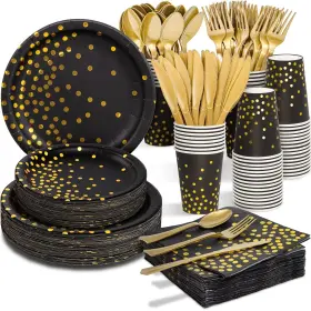 Partylamb 797805511137 Black And Gold Graduation Party Supplies 350pcs Disposable Dinnerware Set Wi
