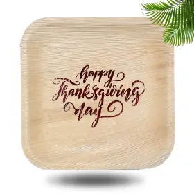 Perfect Stix 810094846244 8 Inch Palm Leaf Plates With Happy Thanksgiving Print- Package Of 25ct