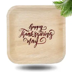 Perfect Stix 810094846268 10 Inch Palm Leaf Plates With Happy Thanksgiving Print- Package Of 25ct