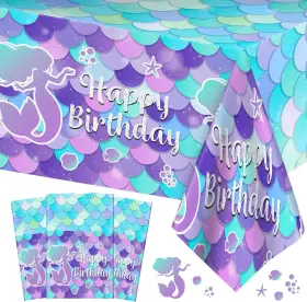 Perfqu 445052893812 3 Pcs Mermaid Tablecloth-happy Birthday Mermaids Table Cover