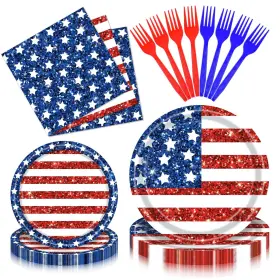 Phylence 796288654423 100 Pcs 4th Of July Patriotic Tableware Set Disposable American Flag Dinnerw