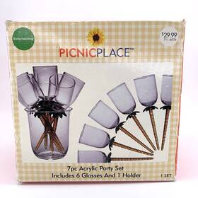 Picnic Place 807404028698 Vintage Acrylic Wine Glass Set Palm Tree Party Glasses W Holder 7pc