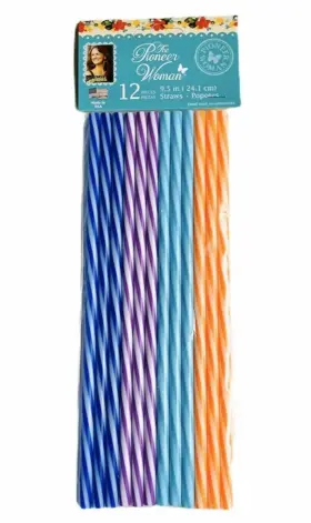 Pioneer Woman 085081453167 Plastic Straws 12-pc Striped Purple Blue Teal Orange 9.5 Inch Nip
