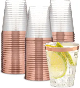 Plasticpro 445017937919 Disposable 7 Oz Crystal Clear Plastic Tumblers With Rose Gold Rim For