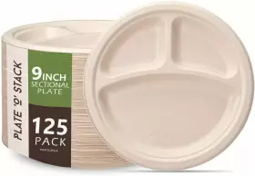 Plate O Stack 850047083043 100% Compostable 3 Compartment Disposable Paper Plates 125-pack - Pfas F