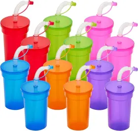 Playbees 810154040582 Neon Sipper Cups - 12 Oz. Spill-proof With Lids And Straws Pack