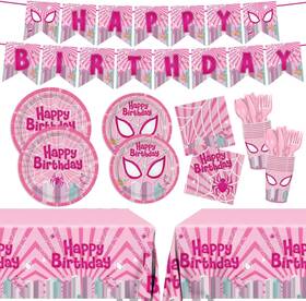 Pnuocax Nw-2025-09-01-1 170pcs Pink Spider Birthday Party Plates Napkins Paper Super Girl Cups Banner