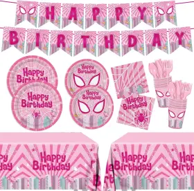 Nw-2025-09-01-1 Pnuocax 170pcs Pink Spider Birthday Party Plates Napkins Paper Super Girl Cups Banner