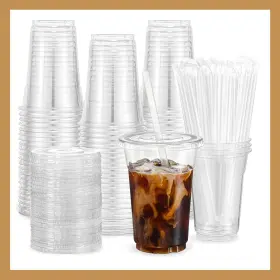 Cup-200 Pokanic Plastic Clear Cups 16 Oz With Lids And Straws 25 Set Disposable