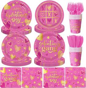Polugucy 705353532962 Pink Galentines Day Paper Plates And Napkins Sets Decorations Di