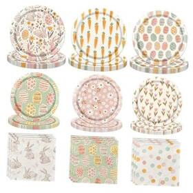 Polugucy 717325381638 60pcs Easter Plates And Napkins With Bunny Eggs Hunt Carrots Party