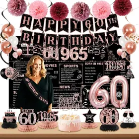 Popularldo 635411622635 60th Birthday Decorations For Women Rose Gold Back In 1965 Banner De