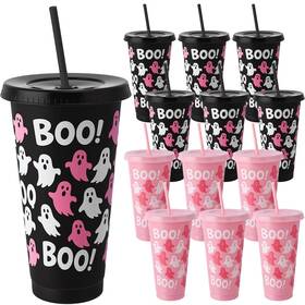 Potchen We-potchen-3373 12 Pcs Halloween Ghost Plastic Cups With 24 Oz Black Pink And White