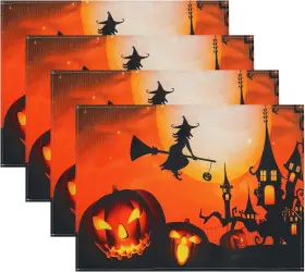 Poualss 795853592351 4 Pack Halloween Placemats Set Witch Pumpkin Washable Table Place Mats Trick Or