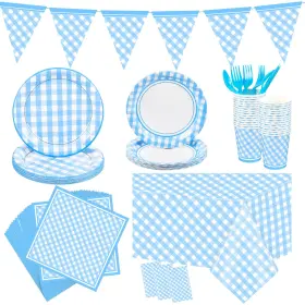 Len-preboun-488 Preboun 198 Pcs Light Blue And White Gingham Party Supplies For 24 Guests Checke