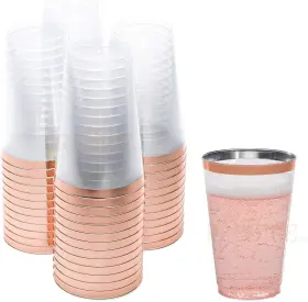 Prestee 313109063075 Rose Gold Rim Plastic Cups 14 Oz. 50 Pack Hard Clear Dis