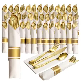 Prestee 810117523725 100 Pre Rolled Gold Plastic Silverware - 400pc Set Service For Wrapped