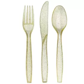 Prestee 812489034977 180 Gold Plastic Silverware Cutlery Set Glitter Utensils Cutle