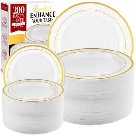 Prestee 819796026459 200pc Gold Plastic Plates - 100 Dinner And Salad Whit