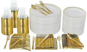 Prestee 819796026473 600-piece Disposable Party Dinnerware Set For 100 Guests - Gold Se
