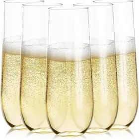 Prestee 850032437127 24 Plastic Champagne Flutes - 9oz Heavy Duty Stemless Glasses