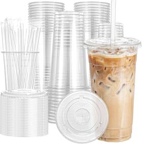 Pryntono 445026388306 120 Pack 24 Oz Clear Plastic Cups With Lids And Straws Sturdy Food Safe Iced Cof