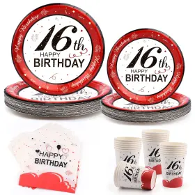 Puchod 774828435343 16th Birthday Decorations Paper Plate And Napkins For Girls Boys 96pcs Red A