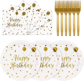 Puevenyi-0001 Puevenyi 445022847852 75pcs Happy Birthday Paper Plates Napkins Forks Disposable Tableware Party Set
