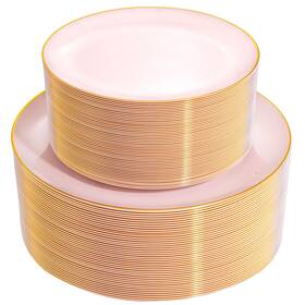 Pulote Ej0103 100pcs Plastic Plates Heavy Duty Pink And Gold Disposable Party Wedding