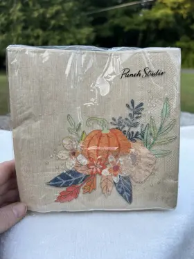 Punch Studio 802126139417 Pumpkin Floral Burlap Style Dinner Napkins 40ct New In Pkg