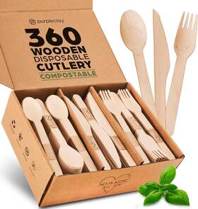 Purpleclay 850029977025 Wooden Disposable Utensils Set 360 Pcs Compostable Silverware 120 F