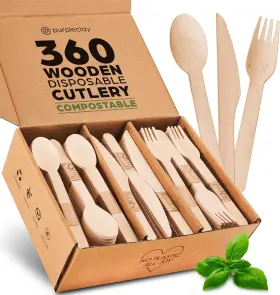 Purpleclay 850029977025 Wooden Disposable Utensils Set 360 Pcs Compostable Silverware 120 F