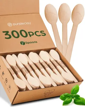 Purpleclay 850029977124 Wooden Disposable Spoons 300 Piece Wood Compostable Ecofriendly Biodegrad