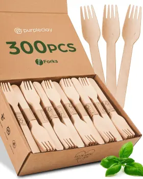 Purpleclay 850029977131 Wooden Disposable Forks 300 Piece Wood Compostable Ecofriendly Biodegradab