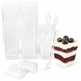 Putfest 628942371981 100 Pack - 5 Oz Clear Plastic Dessert Cups With Lids And Spoons Square C