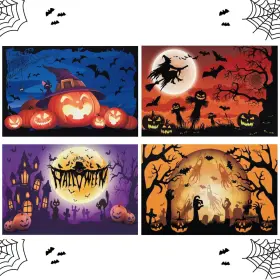 Y-1387 Pwsap 4pcs Halloween Placemats Happy Witch Ghost Pumpkin Bat Mix Colors