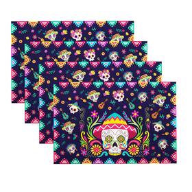 Pwsap Y-1389 Day Of The Dead Linen Placemats Set 4 Marigolds Skull Large Mix Colors